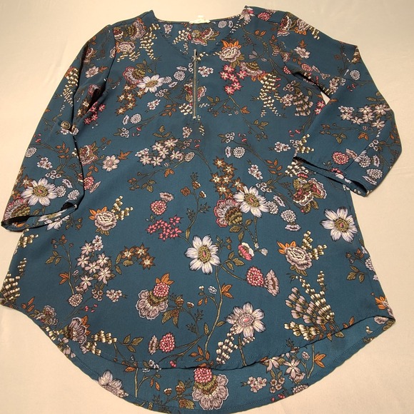 Maurices Floral Tunic Women Small Teal Blue 3/4 Roll Tab Sleeve Zip Neck Blouse - Picture 3 of 8